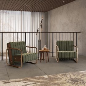 Living Room | cosy neutral reading corner in retro style with Minelli forest green armchair, Brando brown wood side table, Ike floor lamp, and stone flooring