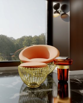 Living Room | spring/summer reading corner in retro style with Nepentha peach armchair, stool, Taboo red glass side table, Mirage dark wall lamp, and marble flooring