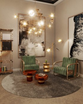 Living Room | cosy neutral reading corner in retro style with Minelli forest green armchair, Sinatra gold chandelier, Taboo red glass center table, Ernest side table, Sinatra floor lamp, cosy rug, and Blake shelf for storage