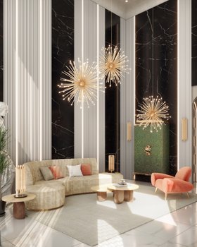 Living Room | luxury reading corner in retro style with Cannonball gold suspension lamp, Sherman curvy neutral sofa, Philip brown wood center table, Apollo peach single sofa, Divine green armoire for storage, cushion, and marble flooring