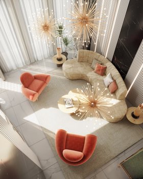 Living Room | luxury reading corner in retro style with Cannonball gold suspension lamp, Sherman curvy neutral sofa, Apollo peach single sofa, White Garden neutral rug, cushion, and marble flooring