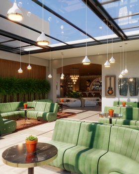 Living Room | spring/summer reading corner in mid-century modern style with Sophia retro green sofa, Dolly dark marble and gold coffee table, and Hanna white pendant lamp