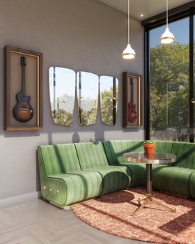 Living Room | spring/summer reading corner in retro style with Sophia cosy green sofa, Dolly dark marble and gold coffee table, Wilde set of wall mirrors, Hanna white pendant lamp, terracotta rug, and wood flooring