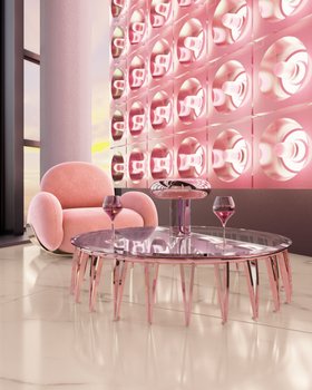 Living Room | pink paint reading corner in mid-century modern style with Karlotta single sofa, Newson glass center table, Katia table lamp, and marble flooring