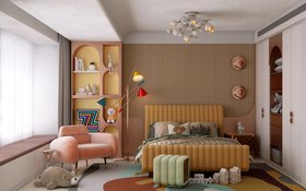Kids Bedroom | colourful bedding area with Marco blush pink armchair, Sophia yellow bed, Minelli mint green stool, Sinatra retro floor lamp, Atomic pendant lamp, Hendrix wall lamp, and shelves for storage