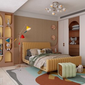 Kids Bedroom | colourful bedding area with Sophia yellow bed, Minelli mint green stool, Sinatra retro floor lamp, Atomic pendant lamp, Hendrix wall lamp, Party Animal rug, and wardrobe for storage