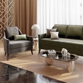 Living Room | luxury reading corner in mid-century modern style with Philip glass and brass center table, Turner retro table lamp, deep green sofa, dark armchair, cushion, and wood flooring