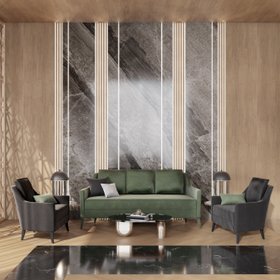 Living Room | luxury reading corner in mid-century modern style with Philip brass center table, Turner retro table lamp, deep green sofa, dark armchair, cushion, and wood flooring