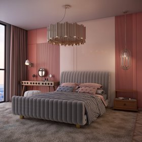 Master Bedroom | pink paint bedding area in retro style with Sophia grey bed, Brubeck gold chandelier, Brando brown wood bedside table for storage, Turner pendant lamp, Monocles dressing table, Pastorius wall lamp, bed sheets, pillow, cosy rug, and curtai