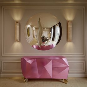 Dining Room | luxury corner in mid-century modern style with Diamond pink sideboard for storage, Lapiaz wall mirror, Brubeck retro gold wall lamp, and wood flooring