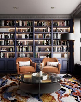 Library | purple paint reading corner in cosy retro style with Charlotte orange armchair, Craig dark marble center table, Miles floor lamp, La Land neutral rug, and bookcase for storage
