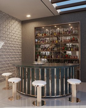 Bar | luxury bar area in mid-century modern style with Kelly retro gold bar chair, shelves for storage, and marble flooring