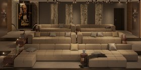 Cinema at Home | cosy neutral living room in mid-century modern style with Qube grey modular sofa, Hoppman brown wood side table, Lautner cabinet, Neil wall lamp, mantle, and cushion