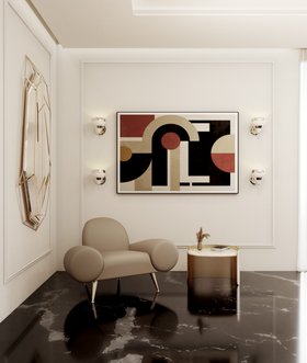 Living Room | cosy neutral reading corner in retro style with Apollo grey single sofa, Francis Scott side table, Diamond gold wall mirror, Hanna wall lamp, wall art, and dark marble flooring