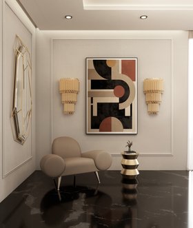 Living Room | cosy neutral reading corner in retro style with Apollo grey single sofa, Ernest side table, Matheny gold wall lamp, Diamond wall mirror, wall art, and dark marble flooring