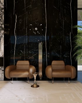 Living Room | dark marble reading corner in retro style with Marco cosy brown armchair, Botti gold side table, Brubeck floor lamp, and Ruin rug
