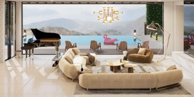 Living Room | spring/summer reading corner in mid-century modern style with Elo cosy white sofa, Elo forest green armchair, Botti gold chandelier, Philip brown wood center table, Diana dark floor lamp, Craig console table, cosy rug, and marble flooring
