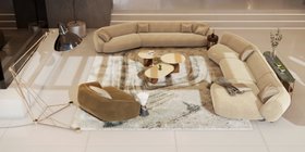 Living Room | spring/summer reading corner in mid-century modern style with Elo cosy white sofa, Elo forest green armchair, Philip brown wood center table, Diana retro dark floor lamp, Agatha cosy rug, blanket, cushion, and marble flooring