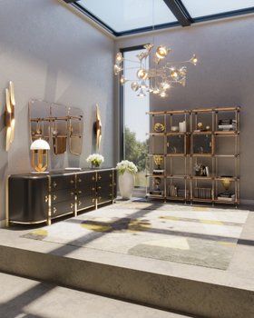 Office | luxury home office in retro style with Blake bookshelf for storage, Kahn dark sideboard, Sinatra gold chandelier, Turner table lamp, Coltrane wall lamp, Wilde set of wall mirrors, Joh neutral rug, and vase