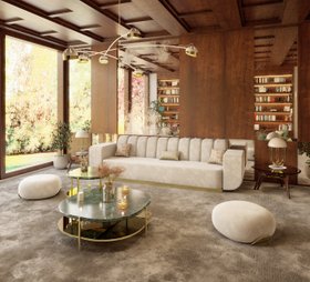 Living Room | cosy neutral reading corner in mid-century modern style for spring season with Craig green marble center table, Novak cosy white sofa, Goodman retro suspension lamp, Karlotta puff, Taylor glass side table, Turner table lamp, and wall mirror