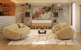 Living Room | cosy neutral reading corner in mid-century modern style with Edith sideboard for storage, Blake bookshelf, Caprice glass center table, Elo curvy sofa, Elo armchair, Nino side table, Cell rug, cushion, wall art, and wood flooring