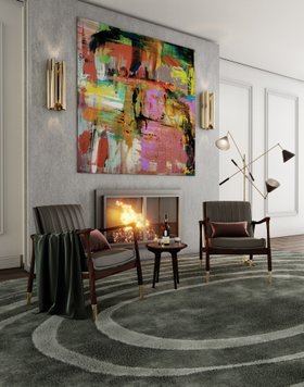 Living Room | autumn/winter reading corner in cosy retro style with Hudson brown wood armchair, Parker gold wall lamp, Sinatra floor lamp, Brando dark side table, Eye rug, mantle, wall art, and fireplace