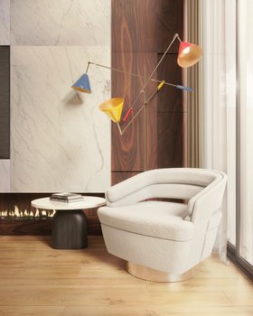 Living Room | cosy neutral reading corner in mid-century modern style with Russel curvy white armchair, Sinatra colourful floor lamp, Philip side table, and wood flooring