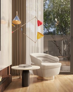 Living Room | cosy neutral reading corner in mid-century modern style with Russel curvy white armchair, Sinatra colourful floor lamp, Philip side table, curtain, and wood flooring