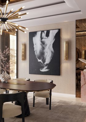 Dining Room | cosy elegant dining area in mid-century modern style with Bertoia brown wood dining table, Brubeck retro gold wall lamp, Lea dining chair, Dorsey chandelier, and wall art