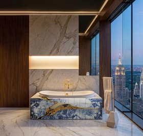 Bathroom | brown wood and white marble luxury bathroom with Heritage bathtub in portuguese tile and Diamond towel rack