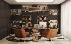 Office | dark paint home office in mid-century modern style with Virginia retro wood armchair, Edith desk, Turner gold coffee table, Turner table lamp, Charla office chair, Matheny chandelier, Imperial Snake animal print rug, and bookcase for storage