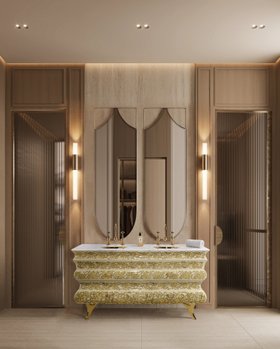 Bathroom | brown wood bathroom in modern classic style with Crochet gold washbasin and cabinet for storage, Koi wall mirror, and Waterfall wall lamp