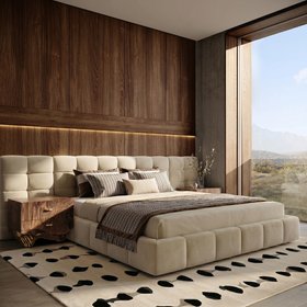 Bedroom | brown wood bedding area in cosy neutral style with Essex bed, Huang bedside table for storage, Mursi black and white rug, mantle, pillow, and vase