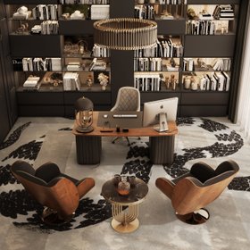 Office | dark paint home office in mid-century modern style with Virginia retro wood armchair, Edith desk, Turner marble coffee table, Turner table lamp, Charla office chair, Matheny chandelier, Imperial Snake animal print rug, and bookcase for storage