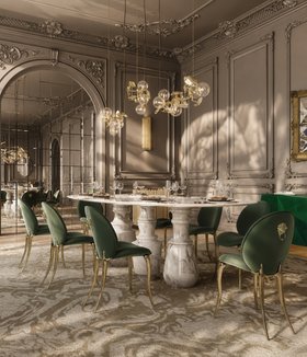 Dining Room | dark paint dining area in modern classic style with Soleil deep green dining chair, Pietra white marble dining table, Hera gold suspension lamp, cosy neutral rug, wall mirror, and wall lamp