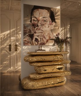 Entryway | spring/summer hallway in modern classic style with Stonehenge luxury gold console, wall art, vase, and wood flooring