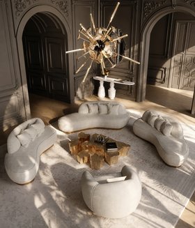 Living Room | dark paint reading corner in luxury modern style with Odette curvy white sofa, Soleil cosy armchair, Eden gold center table, Supernova chandelier, Ruin rug, and wood flooring