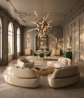 Open Space | dark paint living and dining area in luxury modern style with Odette curvy white sofa, Eden gold center table, Supernova chandelier, and Ruin rug
