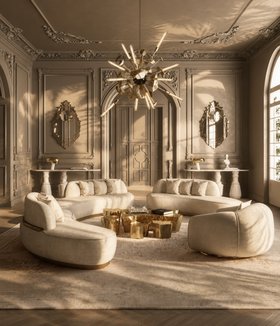 Living Room | dark paint reading corner in luxury modern style with Odette curvy white sofa, Soleil cosy armchair, Eden gold center table, Supernova chandelier, Ruin rug, Veneto rococo wall mirror, and wood flooring