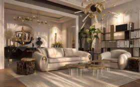 Library | luxury modern reading corner with Soleil cosy white sofa, Monet gold center table, Stonehenge brown marble side table, Supernova chandelier, Garrett bookcase for storage, White Garden neutral rug, and vase