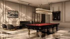 Playroom | luxury modern play area with Metamorphosis snooker table, Liberty gold suspension lamp, marble flooring, and cosy living room