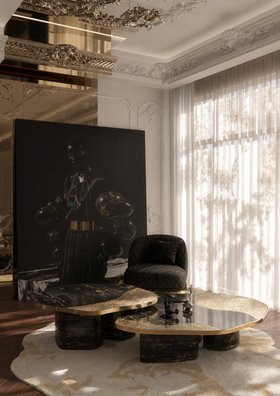 Living Room | art deco reading corner in dark and gold tones with Ophelia marble center table, Angra armchair, Fortuna rug, curtain, and painting