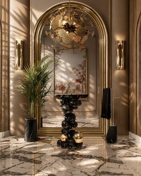 Bathroom | luxury service bathroom in marble finishes with the Newton dark freestand, Newton gold suspension lamp, Diamond towel rack, Cyrus wall lamp, wall mirror, vase, and lavish flooring