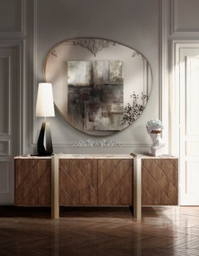 Entryway | modern classic hallway for autumn/winter season with Canephora wall mirror, Feel dark table lamp, Perito brown sideboard for storage, and wood flooring