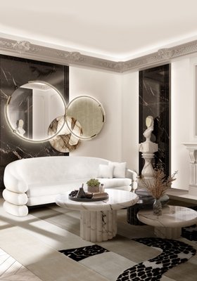 Living Room | black and white reading corner in art deco style with Hutton curvy sofa, Gere marble center table, Chiloé set of wall mirrors, Imperial Snake animal print rug, Pietra sculptural pedestal, and cushion