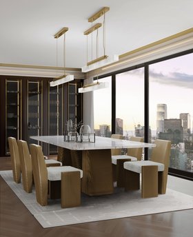 Dining Room | autumn/winter dining area in luxury modern style with Heel Stone white marble dining table, Skyline suspension lamp, Ruin rug, cupboard for storage, curtain, and wood flooring