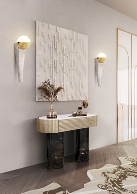 Entryway | luxury modern hallway with Anjelica marble console for storage, Form wall lamp, wall art, neutral rug, and wood flooring