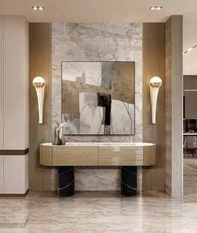 Entryway | luxury modern hallway with Anjelica wood console for storage, Form wall lamp, wall art, and marble flooring