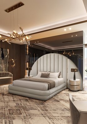 Bedroom | luxury modern bedroom with Berenson velvet bed, Anjelica wood bedside table for storage, Needle dark table lamp, Shard gold suspension lamp, smoked glass screen, and rug