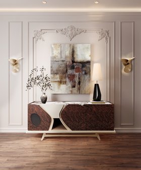 Entryway | modern classic hallway for autumn/winter season with Gallegos brown wood sideboard for storage, Feel dark table lamp, Mármol gold wall lamp, wall art, and wood flooring